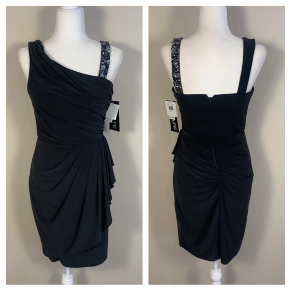 Xscape Dresses & Skirts - XSCAPE Ruched Beaded Embellished Mini Little Black Dress